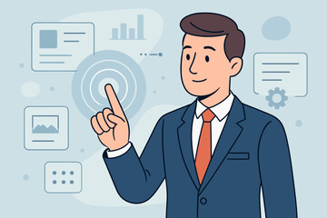 Poster - Businessman Touching Virtual Interface, Digital Transformation, Data Analysis, Technology Management, Modern Office, Flat Vector Illustration, Interactive Dashboard, Professional Success