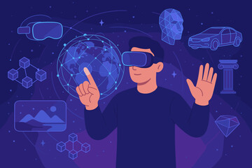 Poster - Metaverse Technology, Blockchain, Virtual Reality, Augmented Reality, 3D Simulation, Global Network, Digital Transformation, Immersive Experience, Man Interacting with Futuristic Interface