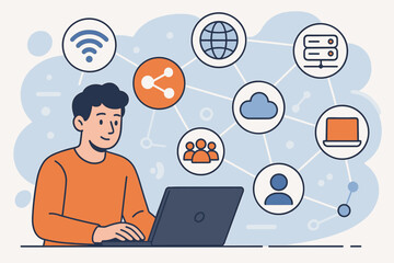 Poster - Young Man Using Laptop with Network Connection Icons, Internet Technology, Cloud Computing, Data Sharing, Social Media, Wireless Communication, Digital Devices, Modern Flat Vector Illustration