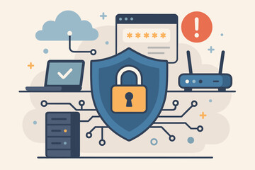 Poster - Cybersecurity Network Protection Concept. Secure Data Shield, Cloud Computing, Password Safety, Server, Router, Laptop, Internet Security, Digital Lock, System Alert, Modern Flat Vector Illustration