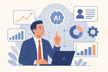 Poster - AI business management concept. Professional using laptop with digital technology for data analysis. Artificial intelligence dashboard for smart automation, corporate strategy and growth.