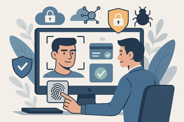 Poster - Biometric identification for cyber security. Man uses fingerprint and face scan to protect business data and transactions from online digital cyber attacks. Secure cloud access concept.