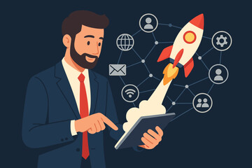 Poster - Startup launch concept. Businessman entrepreneur launching a rocket from a tablet computer. Metaphor for business growth, new project, innovation, success and technology. Flat vector.