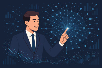 Poster - Businessman touching glowing point on a big data network visualization. Man analyzing digital data flow. Concept of business intelligence, technology innovation, and futuristic strategy.
