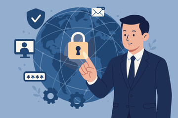 Poster - Cyber security and data protection concept. Businessman touching virtual interface with padlock for global network security. Information safety, privacy, and encryption technology.
