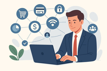 Poster - Businessman using laptop for online banking and e-commerce. Digital marketing and finance technology concept. Secure payment, customer network connection, data analysis illustration.