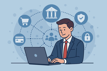 Poster - Businessman using laptop for online banking, secure payments, and e-commerce. Financial technology concept with icons for shopping, customer network, and cyber security.