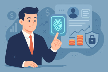 Poster - Businessman using fingerprint identification to access financial data. Concept for biometrics security, fintech, e-KYC, digital identity verification, and cybersecurity innovation.