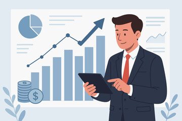 Poster - Businessman analyzing economic growth graph using a tablet. Financial and investment concept for business success, showing stock market statistics, company profit, and asset growth.