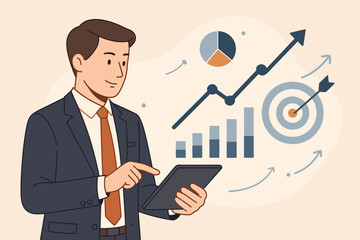 Poster - Businessman using tablet analyzing financial growth, sales profit, data analytics, virtual interface, target chart, smart business technology, digital marketing, success strategy concept illustration