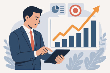 Poster - Businessman using tablet to analyze growth graph, financial data, and sales profit on virtual interface. Intelligent technology for smart business development and market strategy.