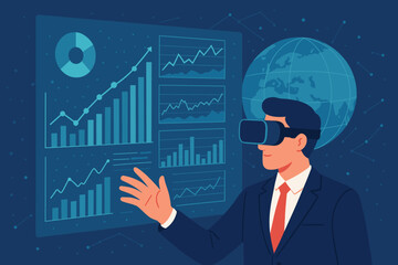 Poster - Businessman in suit using virtual reality headset interacting with holographic financial data charts, stock market analytics, global network, futuristic technology, metaverse visualization concept