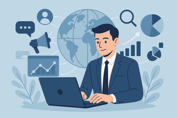 Poster - Businessman Using Laptop for Digital Marketing, Online Internet Strategy, Social Networking, Customer Data Analytics, Business Growth, Communication, Global Market, Smart Technology Concept