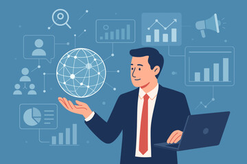 Poster - Businessman Holding Global Network Connection with Laptop, Digital Marketing Strategy, Online Internet Analytics, Social Networking, Customer Data Visualization, Business Growth Concept