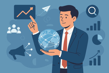 Poster - Digital marketing strategy concept. Businessman holding global network, social media connections, customer data analytics, business growth, online advertising, internet communication, statistics