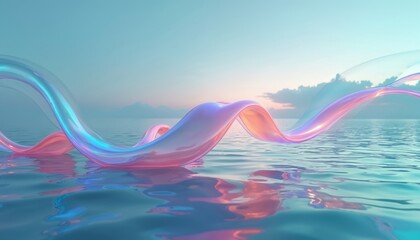 Poster - Abstract illustration holographic ribbon floating over water surface. Iridescent colors blend creating serene atmosphere. Digital art perfect for background design, advertising, promotion wallpaper
