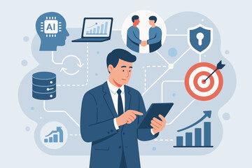 Poster - Businessman Using Digital Tablet for AI Technology, Data Analysis, Secure Network Connection, Teamwork Collaboration, Data Exchange, Investment Growth, Business Security, Target Achievement