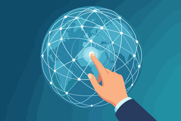 Poster - Hand Touching Global Network Sphere. Internet Technology, Big Data, Digital Communication, Worldwide Connectivity, Social Network, Business, Modern Flat Vector, Data Exchange, Science Concept