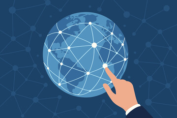 Poster - Hand Touching Global Network. Internet Technology, Big Data, Digital Communication, Social Media, Worldwide Connectivity, Business Networking, Modern Flat Vector Illustration, Data Exchange