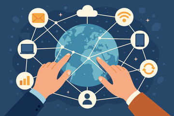 Poster - Global digital network connections, hands interacting with technology, data exchange, cloud computing, internet devices, wireless communication, modern flat vector illustration