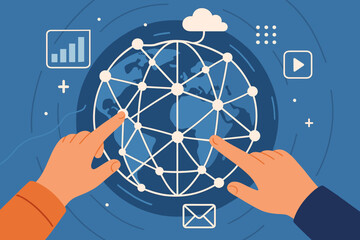 Poster - Hands Interacting with Global Digital Network, Data Exchange, Cloud Computing, Internet Connectivity, Communication Technology, Modern Flat Vector Illustration, Globalization, Online Collaboration