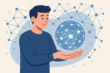 Poster - Modern technology concept with man holding abstract global network sphere, digital data exchange, internet communication, connected nodes, innovation, futuristic connectivity, vector illustration