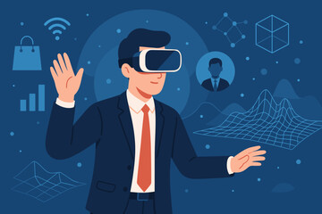 Poster - Businessman Using VR Headset in Metaverse Technology Concept, Virtual Reality, Augmented Visualization, Digital Data Analysis, Future Business Innovation, Networking, Artificial Intelligence
