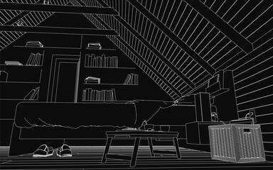 Poster - A black and white illustration of a cozy bedroom featuring a neatly made bed, wooden table, woven basket, and full bookshelves. A pair of shoes rests near the open door.