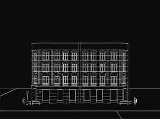 Fototapete - A detailed black and white drawing of a building with clearly defined windows, doors, and architectural features stands out against a dark background. The monochrome style emphasizes the structure's.