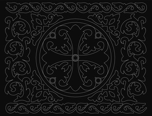 Poster - A decorative rectangular ornament features an intricate black and white design with detailed patterns and geometric shapes. The stark contrast against the black background enhances its elegance.