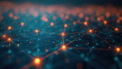 Fototapete - Abstract illustration representing neural network connection. Glowing lines connect dots data flow, communication. Dark blue, orange colors create futuristic tech design for artificial intelligence,