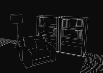 Poster - A black and white sketch of a cozy living room features a plush chair with a pillow, a stylish lamp, and a bookcase filled with books. The wooden floor adds warmth to the minimalist interior.