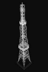Poster - A communication tower vector illustration made of clean white lines on a black background, featuring a detailed 3D blueprint design with intricate curves and technical structure.