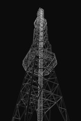 Poster - A communication tower vector illustration with clean white lines on a black background, featuring a detailed 3D blueprint design, intricate curves, and a technical structure.