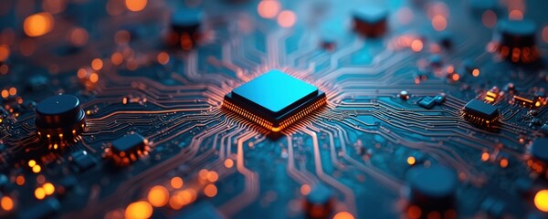 Poster - Detailed circuit board with integrated components, microchips. Electric components technology concept. Processor, digital hardware, engineering, networking, data transfer, power, voltage.