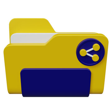 A 3D rendering of a yellow folder with a blue share icon, isolated on a white background.