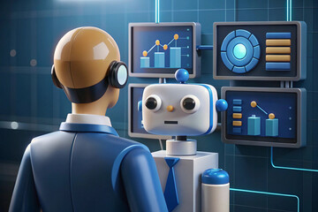 Poster - Humanoid and robot work together analyzing data with charts and screens in a futuristic technological environment