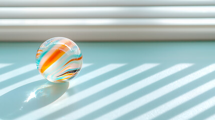 Aufkleber - Glass sphere with colorful swirls, light and shadow interplay creates visual interest and depth. Decorative art object on soft pastel background.