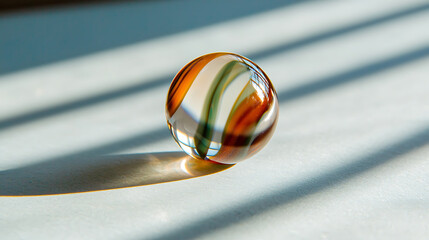 Poster - Close-up of a glass sphere with swirling colors, sitting on a surface with shadows creating abstract lines across the background, creating an artsy and minimalist view.