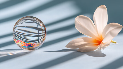 Aufkleber - Dreamy still life featuring a crystal ball reflecting colorful light and a delicate white flower, casting soft shadows on a light blue surface.