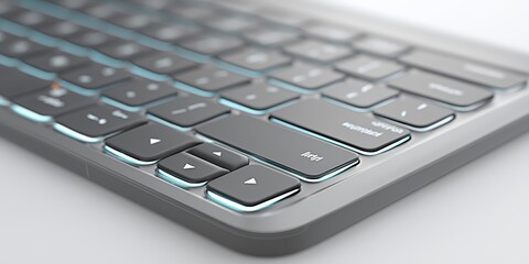 Poster - Modern computer keyboard with blue accent lighting on white background for technology and business design.
