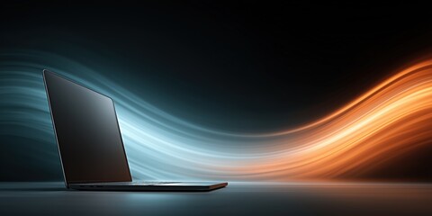 Poster - Modern laptop with dynamic glowing light trails on dark background technology concept.