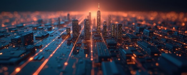 Poster - Futuristic cityscape stock market data display, modern tech concept. Glowing lines, digital representation of financial data. Skyscraper buildings, virtual trading platform, investment, business,