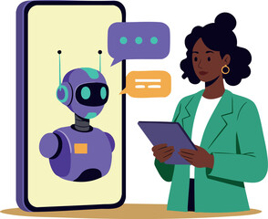 Poster - Woman interacting with purple robot chatbot on smartphone screen vector illustration 