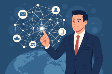 Poster - businessman touching global network connection. data exchange, communication technology for internet