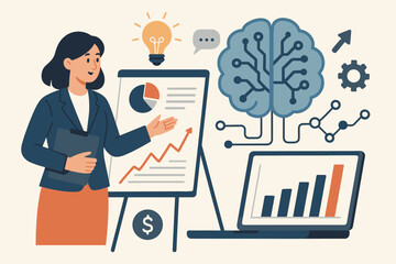 Poster - Artificial intelligence in business. Woman presenting marketing strategy with an AI brain, laptop, and charts. Concept of big data analysis, deep learning, and financial growth.