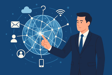 Poster - businessman touching a global network for data exchange and connection. communication technology for