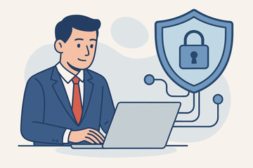 Poster - Cybersecurity business concept. A professional businessman works on a laptop with a secure network connection. A shield and padlock icon symbolize data protection, privacy, and a firewall.