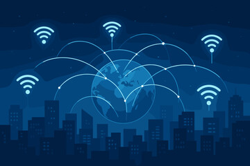 Poster - global telecommunication network connection vector. wireless communication, internet, and wi-fi tech