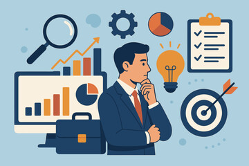 Poster - Concept of business analysis and strategic planning. Businessman thinking about growth and success. Data research, decision making, targeting goals. Flat vector cartoon illustration.